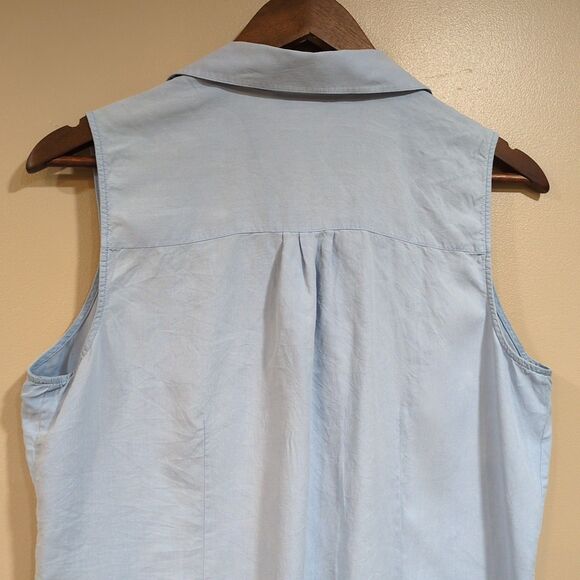 Anna & Frank Womens L 100% Silk Sleeveless Collared Blouse Blue Top Pockets - Picture 10 of 10